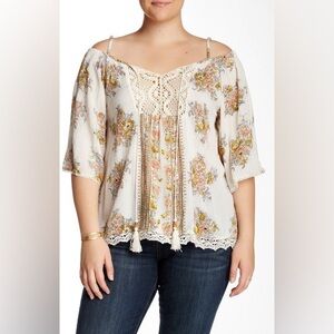 Angie Womens Blouse Top Peasant Bohemian Lace Shoulder Cropped Floral Woman’s S